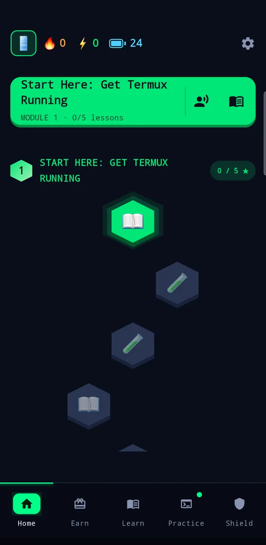 The JeebByte course path with lessons laid out as hexagons